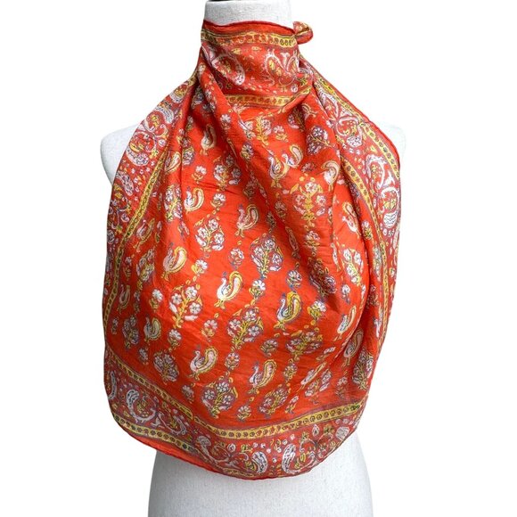 Vintage Vibrant Orange Silk Paisley Peacock Rooster Floral Design Square Scarf - Picture 1 of 6